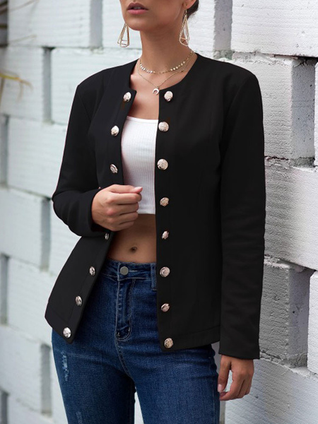 Women Jackets Jewel Neck Casual Buttons Street Wear Dark Navy Jacket For Women Cozy Active Outerwear