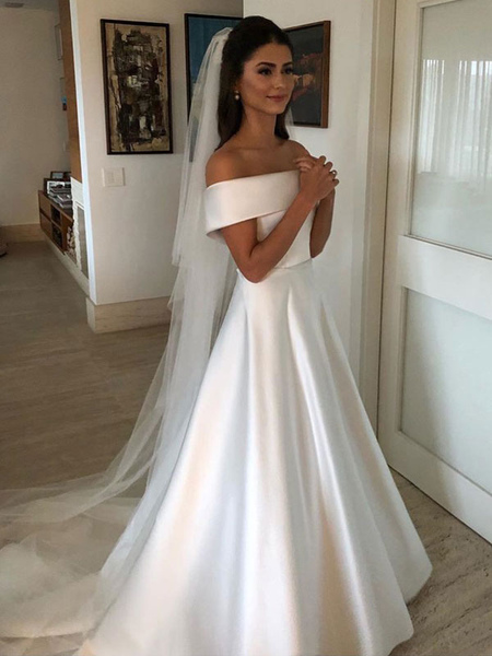 Milanoo vintage wedding dresses 2021 off the shoulder short sleeve a line satin traditional bridal g