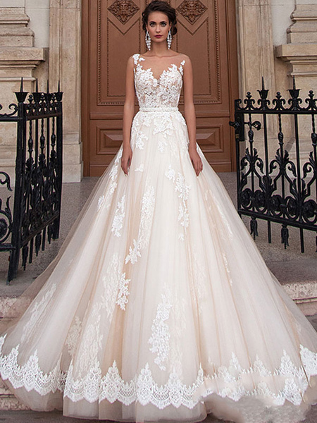 Milanoo wedding dresses 2021 jewel illusion neck sleeveless a line lace flora applique bridal gowns