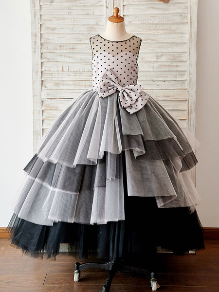 Image of Black Polka Dots Tulle Corset Back Ball Gown Cupcake Wedding Flower Girl Dress