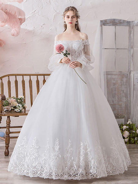 Milanoo Princess Wedding Dress 2021 Ball Gown Silhouette Off The Shoulder Long Sleeves Natural Waist