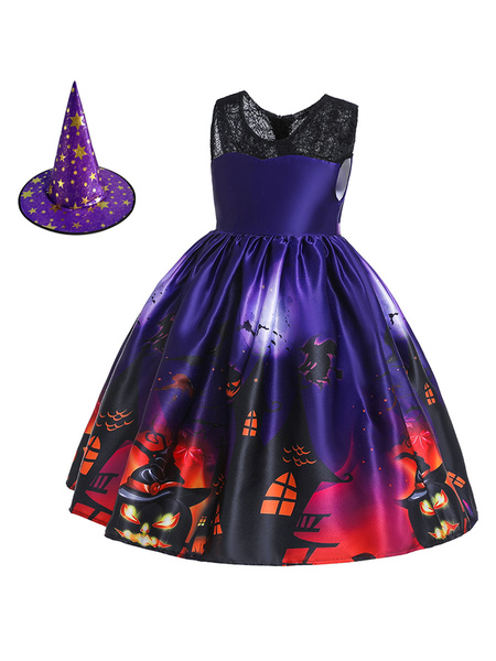 Milanoo Kids Carnival Cosplay Costumes Lace Print Purple Skater Dress For Child