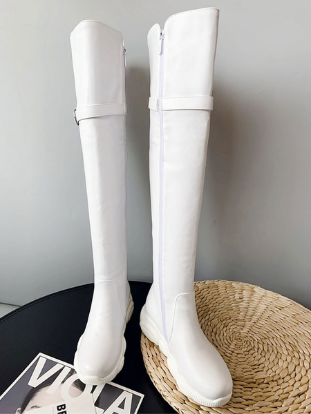 Image of Womens Over The Knee Boots White Sneaker Round Toe Flat Athletic Boots For Winter