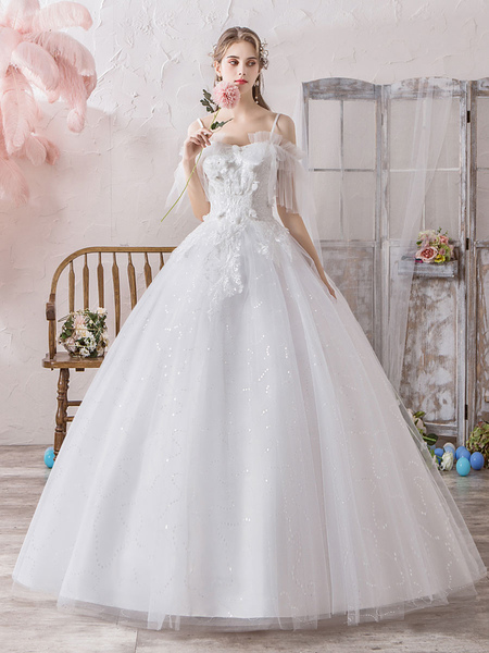 Milanoo Ball Gown Wedding Dress Princess Silhouette Off The Shoulder Short Sleeves Natural Waist Flo