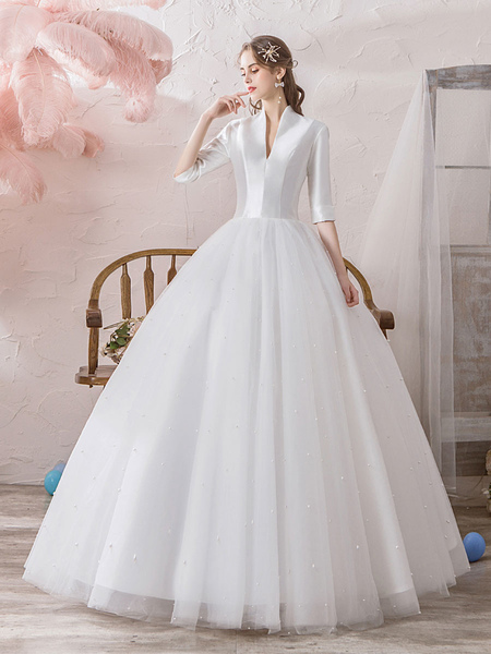 Milanoo Vintage Wedding Dresses Princess High Collar Half Sleeve Floor Length Tulle Traditional Brid