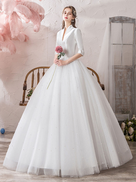 Milanoo Brautkleider Vintage Tüll Prinzessin Halskragen Hochzeitskleid Vintage milchweiß / elfenbein