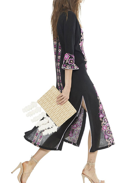 Image of Boho Maxi Dresses Half Sleeves Embroidered Cotton Split Floor Length Dress