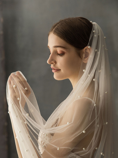 Milanoo Wedding Veils One-Tier Pearls Cut Edge Drop Bridal Veil