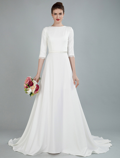 Milanoo Simple Wedding Dress Beaded Sash Backless Bateau Neck Half Sleeves A Line Bridal Gowns With