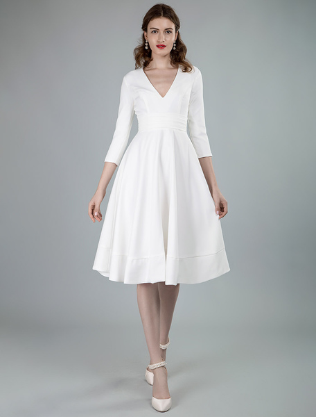 Milanoo Short Wedding Dresses V Neck 3/4 Length Sleeves A-Line Knee Length Bridal Dress