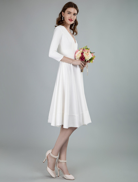 Milanoo Short Wedding Dresses V Neck 3/4 Length Sleeves A-Line Knee Length Bridal Dress