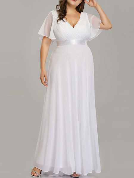 Milanoo Simple Wedding Dress V Neck Short Sleeves A Line Floor Length Chiffon Sash Plus Size Bridal