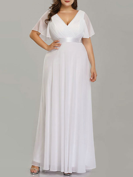 Milanoo Simple Wedding Dress V Neck Short Sleeves A Line Floor Length Chiffon Sash Plus Size Bridal