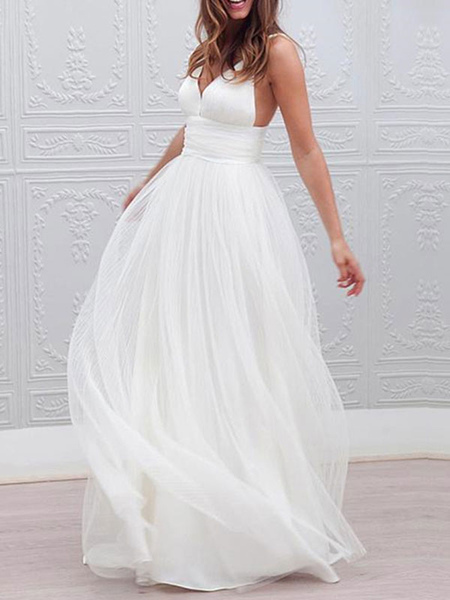 Milanoo simple wedding dresses 2021 a line v neck straps backless tulle beach wedding bridal dress