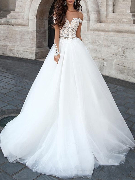 Milanoo Princess Wedding Dress 2021 Ball Gown Sweetheart Neck Long Sleeves backless Lace Tulle Brida