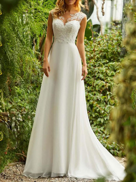 Milanoo simple wedding dresses 2021 chiffon a line v neck sleeveless lace beaded bridal gowns with t
