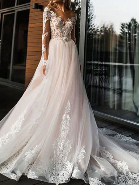 Milanoo wedding dresses 2021 a line v neck long sleeve lace applique tulle bridal gowns with chapel