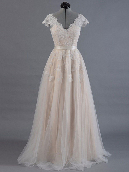 Milanoo Robe de mariée manches courtes col V appliques longueur de plancher robes de mariée en tulle