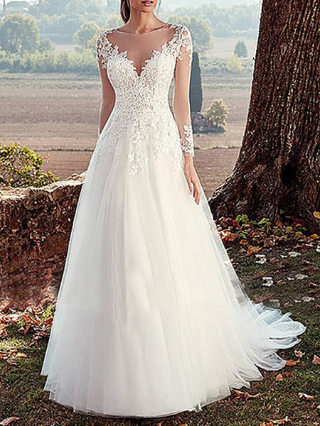 Milanoo wedding dress 2021 v nevk a line long sleeve floor length lace applique tulle bridal dresses