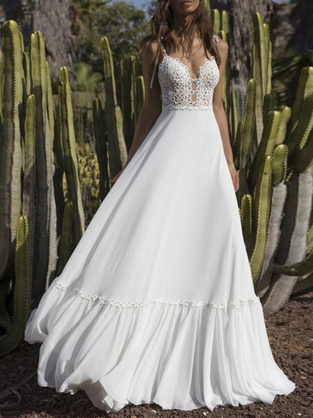 Milanoo boho wedding dresses 2021 chiffon v neck a line straps sleeveless bows lace bridal gowns ruf