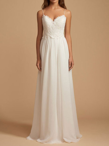 Milanoo Simple Wedding Dress 2021 a line V Neck Straps Sleeveless Lace Chiffon Bridal Dresses With T
