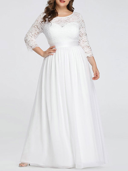 Milanoo Simple Wedding Dresses Lace Chiffon Floor Length 3/4 Length Sleeves Sash Jewel Neck Plus Siz
