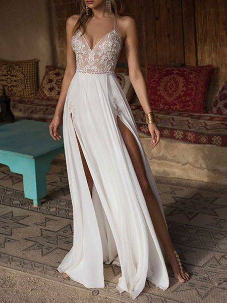 Milanoo Boho Wedding Dresses 2021 lace v neck Sleeveless Beaded Backless double splits Chiffon Beach