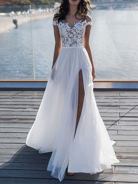 Milanoo boho wedding dresses 2021 lace off the shoulder short sleeve floor length split front bridal
