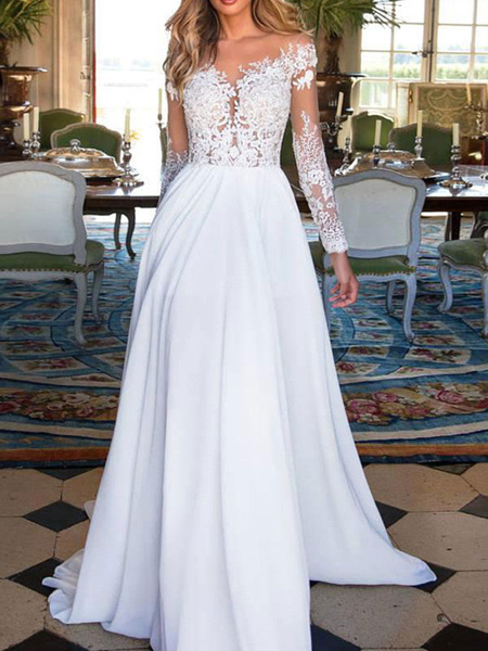 Milanoo Wedding Dresses 2021 V Neck Long Sleeves Floor Length Lace Appliqued Buttons Chiffon Bridal