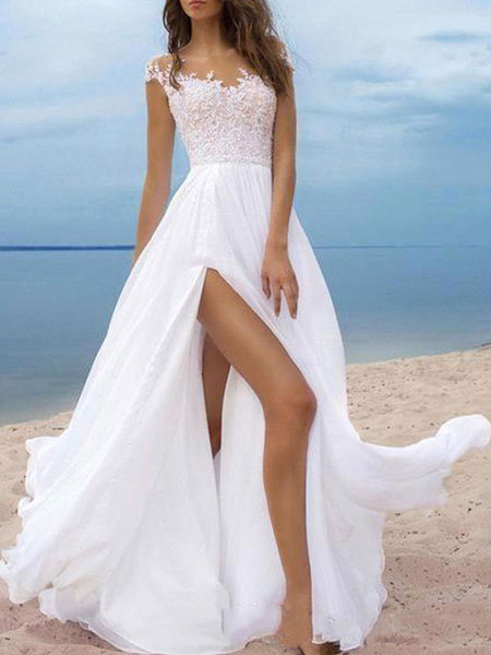 Milanoo Boho Wedding Dresses 2021 chiffon v neck Short Sleeves A Line Split Front Bridal Dresses For