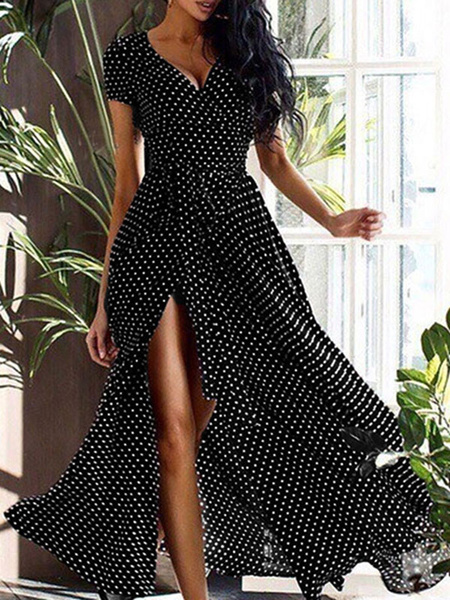 Image of Maxi Dresses Short Sleeves Polka Dot V Neck Maxi Floor Length Dress