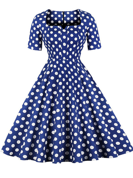 Image of Retro Dress 1950s Square Neck Short Sleeves Woman Short Polka Dot Swing Dress