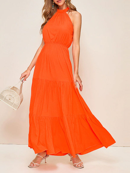 Image of Maxi Dresses Orange Sleeveless Halter Maxi Open Shoulder Floor Length Dress