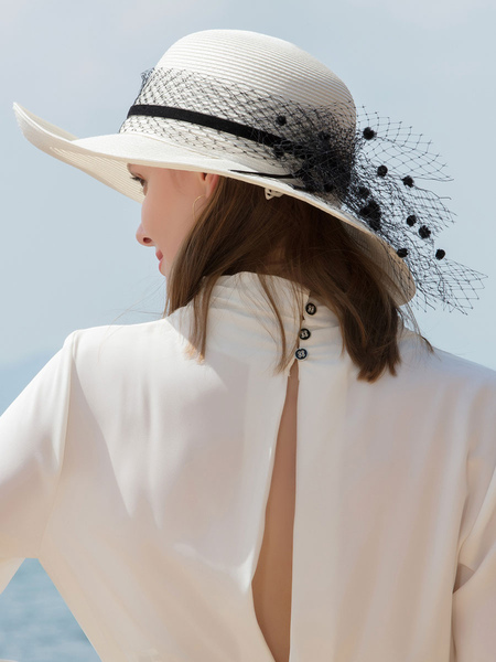 Image of Women Vintage Hat Ecru White Dot Net Retro Costume Accessory