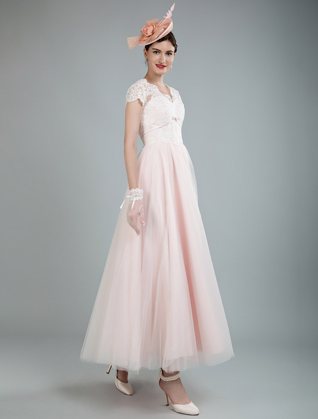Milanoo Brautkleider Vintage A-Linie- V-Ausschnitt Hellrosa  Hochzeitskleid Vintage knöchellang natü