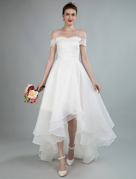 Milanoo Simple Wedding Dress A Line Off The Shoulder Sleeveless Lace Bridal Dresses With Train