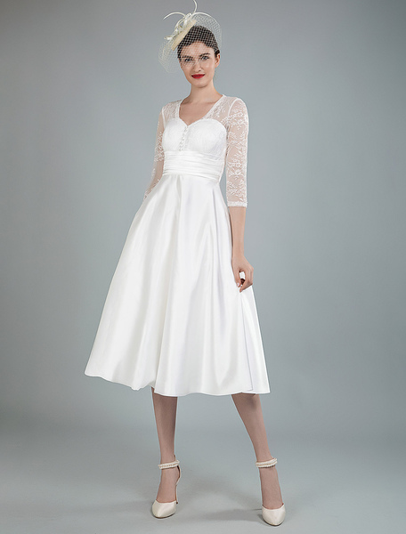 Milanoo Short Wedding Dresses V Neck 3/4 Length Sleeves A Line Tea Length Traditional Bridal Dresses