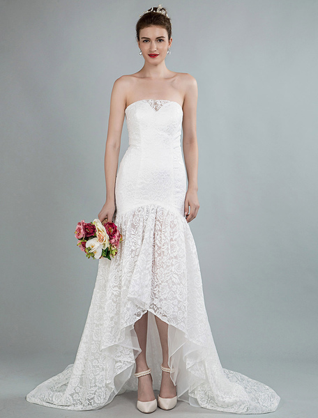 Milanoo Simple Wedding Dress Strapless Sleeveless Lace Mermaid Bridal Gowns With Train