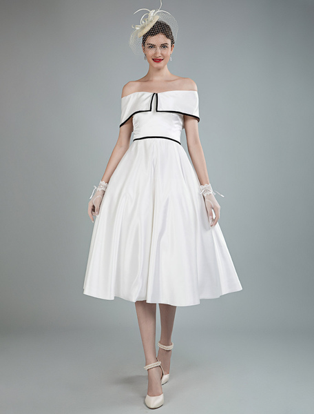 Milanoo Vintage Wedding Dresses Satin Off The Shoulder A Line Tea Length Short Bridal Gowns