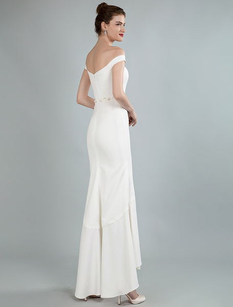 Milanoo Einfache Hochzeitskleid Perlen Schärpe von der Schulter asymmetrische Brautkleider