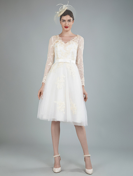 Milanoo Short Wedding Dress Tulle Knee Length V Neck Long Sleeves A Line Natural Waist Bridal Gowns
