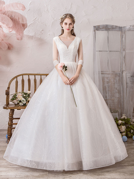Milanoo Wedding Dress Princess Silhouette Floor Length V Neck Sleeveless Natural Waist Beaded Lycra