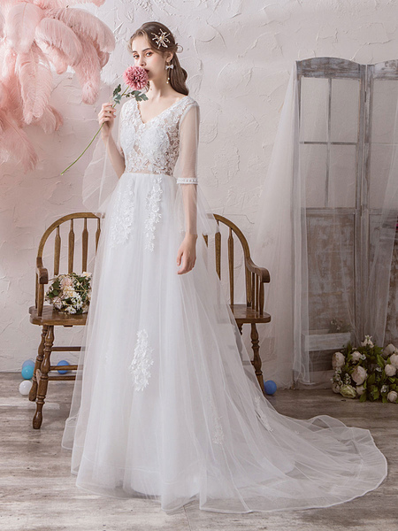 Milanoo Einfache Hochzeitskleid eine Linie V-Ausschnitt mit langen Ärmeln Spitze Applique Tüll Braut