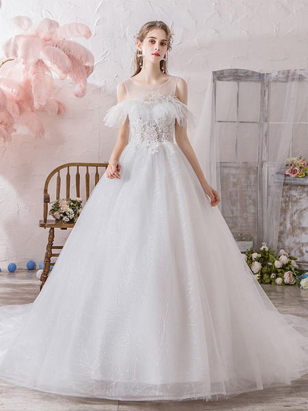 Milanoo Wedding Dress Princess Silhouette Jewel Neck Short Sleeves Natural Waist Cathedral Train Bri
