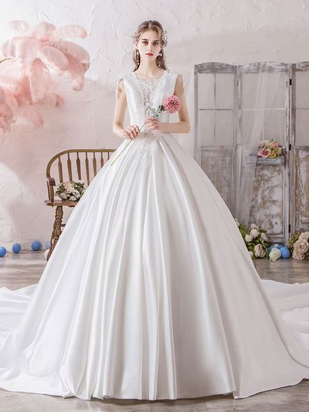 Milanoo Wedding Dress Princess Silhouette Illusion Neckline Sleeveless Natural Waist Cathedral Train