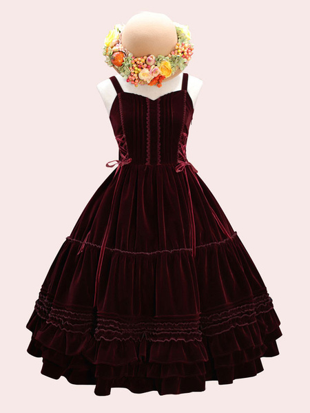 Image of Sweet Lolita JSK Dress Velour Lace Up Ruffle Lolita Jumper Skirts