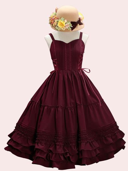 Milanoo Sweet Lolita JSK Dress Lace Up Ruffle Cotton Lolita Jumper Skirts