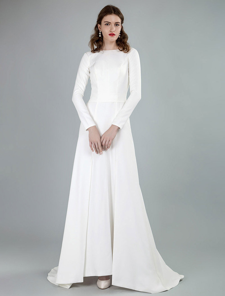 Milanoo Simple Wedding Dress Lycra Spandex Bateau Neck Long Sleeves Split Front A Line Bridal Dresse