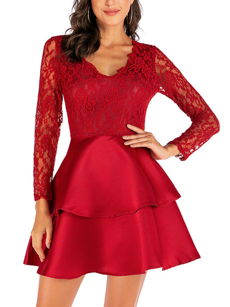 Image of Skater Dresses V Neck Lace Red Sexy Long Sleeves Fit And Flare Dress