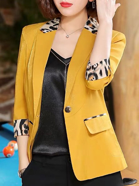 Image of Women Blazer Chic Turndown Collar Buttons Long Sleeves Leopard Print Layered